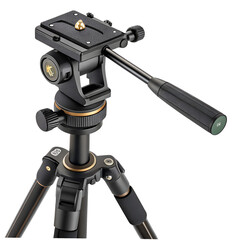 Heavy-duty tripod with pan-tilt head, adjustable handle, quick release plate, isolated PNG, clean background
