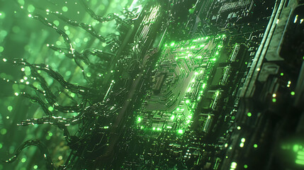 A green computer chip with a green background