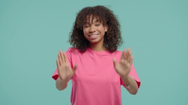 Curly Woman waving hand - hello, salute, chao, adios. Parting, say bye to camera