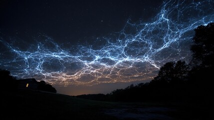 Ethereal neutrino trails painting fractal illuminations across the night sky.