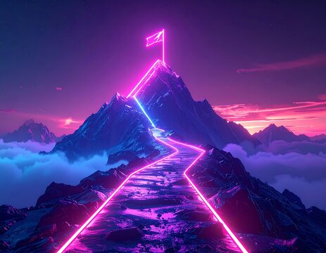 Neon path to mountain peak at dawn