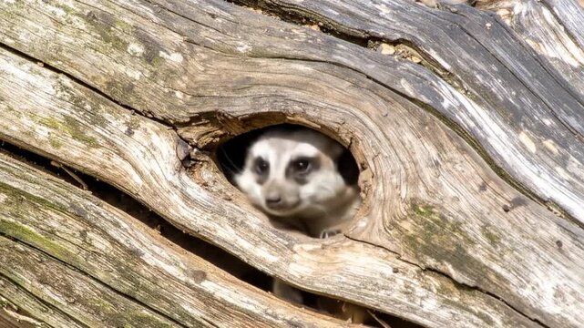 Close Up Of A Meerkat Peeking Out From A Hole In A Weathered Grey Log In Bright Sunlight At Daytime Focus On The Meerkat Head And Eyes