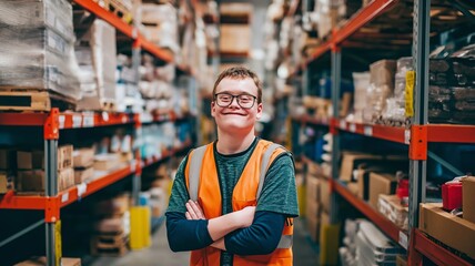 A happy young guy with Down syndrome who works in a warehouse, illustrating the idea of social inclusion.