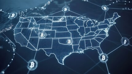 A digital map of the USA showcasing blockchain integration in finance, with blockchain icons connected to major financial hubs such as New York and San Francisco.