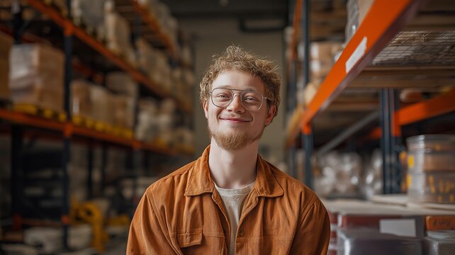 A happy young guy with Down syndrome who works in a warehouse, illustrating the idea of social inclusion.