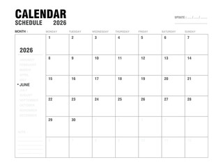 June 2026 calendar planner template with monthly layout, clear day and date for event schedules, meeting planning, and agenda organization. Minimalist design and easy to use. Vector illustration.