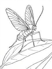 Minimilist detailed line drawing of a mayfly resting on a leaf with intricate wing venation and long antennae vector