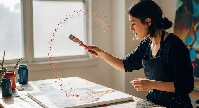 Young asian female artist painting in studio with creative brush technique - Powered by Adobe