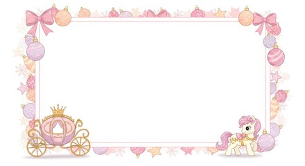Cute pastel-themed frame with princess carriage, unicorn, and festive decorations on white background
