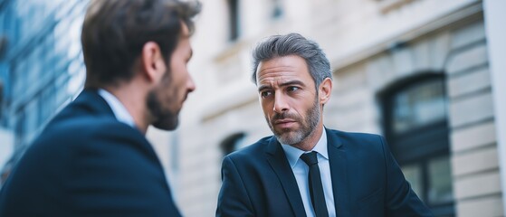 Two focused business partners conversing outside the employment center while attending a working meeting