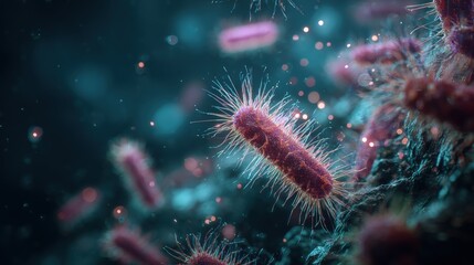 A close-up view of microscopic bacteria with intricate details, showcasing vibrant colors and textures in a dark background.