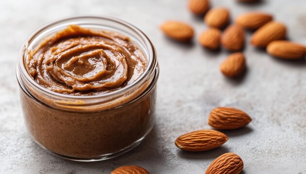 Homemade Raw Organic Almond Nut Butter In Glass Jar On White Background. Healthy And Natural Food With Copy Space Available.