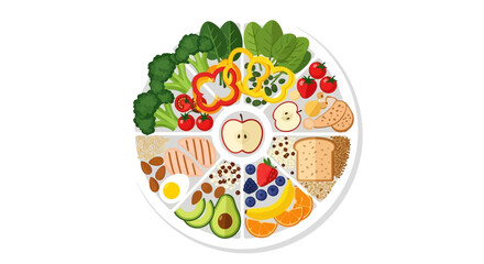 A vibrant and colorful plate filled with a diverse assortment of healthy foods, including fruits, vegetables, grains, and protein sources, arranged in a circular pattern.