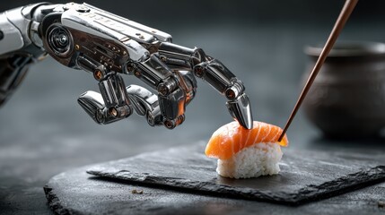A robotic hand skillfully uses chopsticks to pick up sushi, blending technology and culinary art in a modern setting.