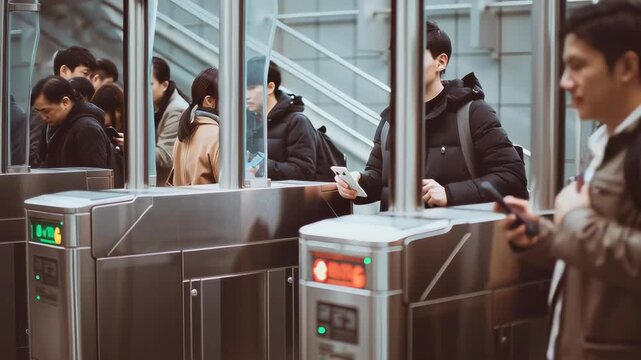 Chinese commuters passing through automated ticket gates at a busy station, symbolizing daily travel, urban mobility, and public transport