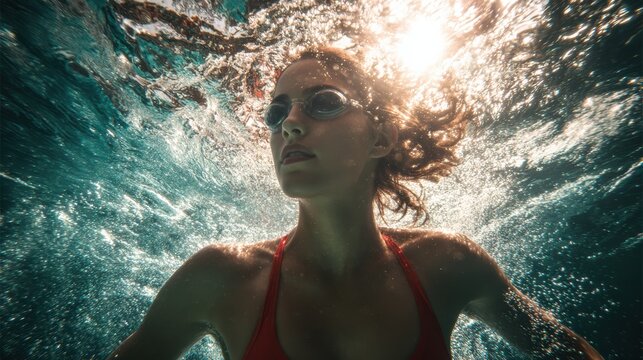 A serene underwater portrait of a woman swimming, illuminated by sunlight filtering through the water's surface.