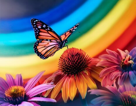 vibrant rainbow swirls monarch swallowtail butterflies flitting insect spring vibrant colors