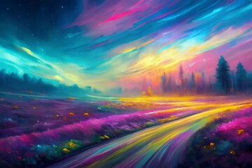 Fototapeta premium Vibrant dreamscape of a colorful field under a swirling aurora sky