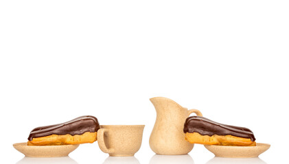 Chocolate sweet eclair, macro, isolated on white  background.