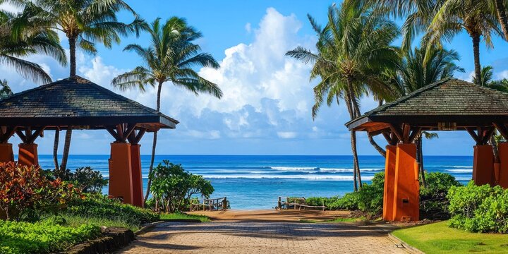 Two distinctive, dark-brown wooden pavilions flank a wide, brick-paved pathway leading towards a beautiful ocean view. Lush green tropical vegetation, including palm trees and flowering bushes, lines - Powered by Adobe