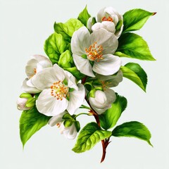 Fototapeta premium Detailed illustration of a flowering branch. A cluster of white blossoms with vibrant green leaves. Soft light and delicate brushstrokes