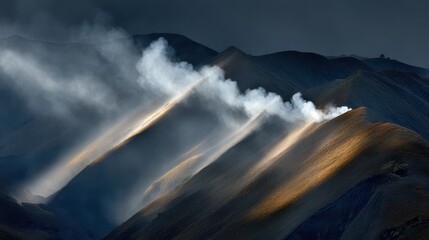 Fototapeta premium Mysterious fog rolling over mountain peaks majestic landscape nature photography dramatic environment atmospheric viewpoint