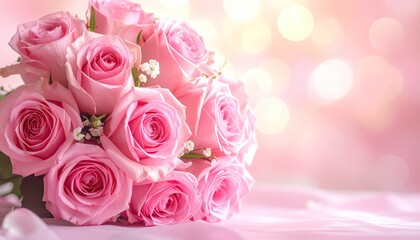 Pink Rose Bouquet on Soft Silk Fabric with Bokeh Background Warm Tones Sweet Gentle Floral Arrangement Romantic Still Life Wedding Valentine's Day Festive Ambiance