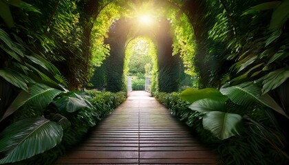 Obraz premium a serene passageway framed by lush greenery leading to a bright light evokes tranquility and nature s beauty