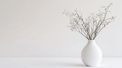 A simple white vase holds a delicate branch of small, white flowers. The vase and flowers rest on a white surface, likely a table or shelf, against a plain white wall. 