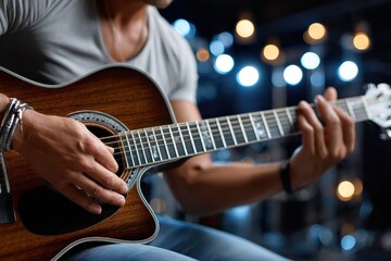 Fototapeta premium Man playing acoustic guitar on stage