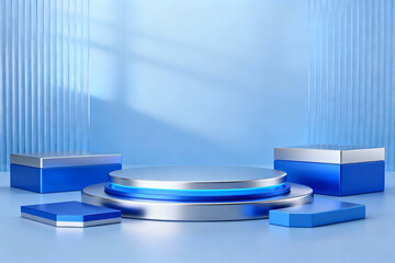 A 3D, minimalist, and premium product podium on a light blue background with chrome accents and subtle neon lighting. It's a clean presentation for a website.