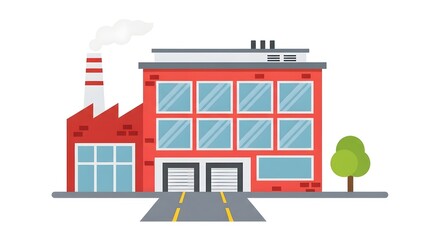 Fototapeta premium A red brick factory building with large windows, two garage doors, and a smoking chimney, set against a white background with a small green tree.