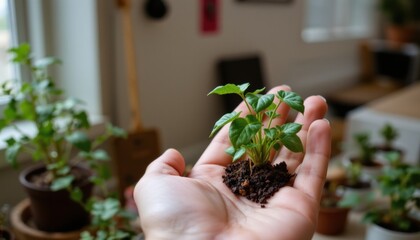 a hand holds a small clump of dark soil, from which sprouts a verdant green plant with glossy leaves