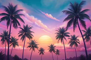 Obraz premium Vibrant tropical sunset sky with silhouetted palm trees