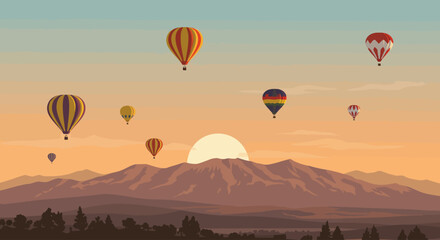 A vibrant flat design illustration capturing the majestic launch of hot air balloons against the backdrop of the Sandia Mountains during sunrise, showcasing the iconic Albuquerque International © tika