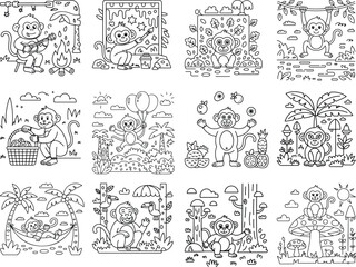 Collection of twelve black and white line art illustrations of playful monkeys in various jungle and tropical settings