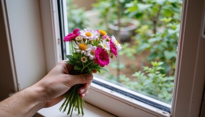 a hand holds a small, colorful bunch of flowers up to a window. the bouquet features small white blossoms with yellow centers, along with several vibrant magenta flowers