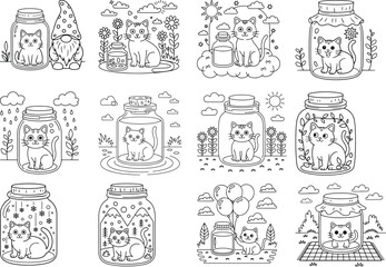 Adorable line art cats in jars and whimsical scenes for coloring Keywords: cat, kitten, cats, jar, jars, line art, drawing, illustration, outline, coloring book, black and white, cute, cartoon