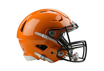 Fototapeta premium Orange Football Helmet PNG with Glossy Finish & Black Facemask Protective Sports Gear Illustration on Transparent Background American Football Equipment for Athletic & Game-Day Themes