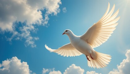 a white bird soars through a partly cloudy sky. its wings are fully extended, catching the light, and its body appears smooth and pure white