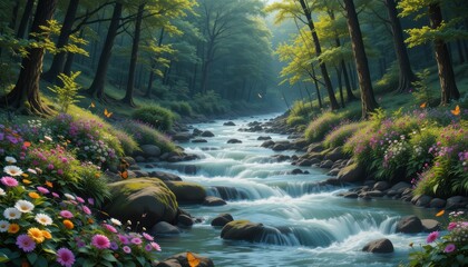 the scene showcases a vibrant river winding through a dense forest. the river's water is clear and cascades over rocks, creating small waterfalls