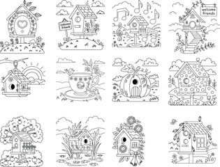 Fototapeta premium Delightful Birdhouse and Nature Themed Line Art Illustrations Keywords: birdhouse, welcome home, welcome friends, music notes, sun, tree, apples, cup, saucer, tea, steam, pumpkin, flowers