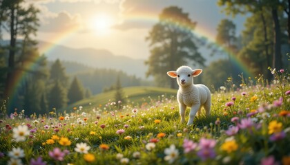 the scene presents a bright and scenic view of a rolling hillside filled with colorful wildflowers. a small, white animal with short legs stands at the center, facing forward with a gentle gaze
