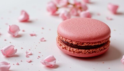 the scene is set on a bright, white surface featuring a close up of a pink confection. this confection is composed of two textured, round pink shells with a dark brown filling sandwiched in between