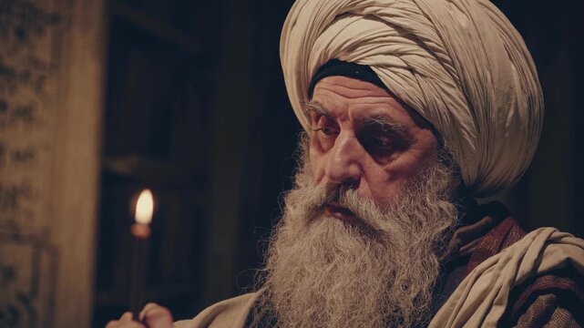 A close-up video shot of an elderly man in traditional attire, illuminated by candlelight, capturing a historical and contemplative atmosphere. Live desktop wallpaper.