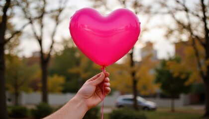 in an outdoor scene, a person holds a heart shaped balloon, the main focal point, against a backdrop of trees and buildings