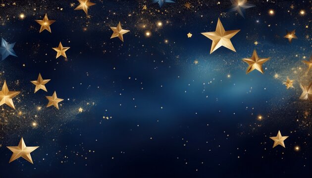 navy blue celestial backdrop with gold stars dark edges cosmic glitter effect - Powered by Adobe