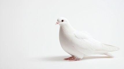 A pristine white pigeon stands on a white surface, facing slightly to the right. The bird is in a neutral pose, with its head lowered and beak slightly open. Its feathers are smooth and glossy