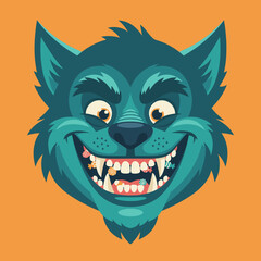 Cartoon wolf face with sharp teeth and playful expression on orange background  