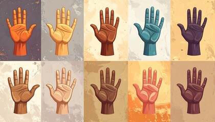 Fototapeta premium A collection of diverse hands raised high, displayed in a retro poster-style design, showcasing a range of skin tones and textures.